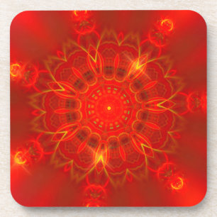 Porta-copo Mandala Linhas Finas Cores Quentes Fundo Vermelho