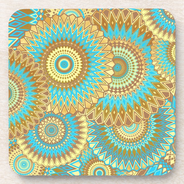 Porta-copo Mandala Sobreposto Azul Marrom Dourado (Frente)