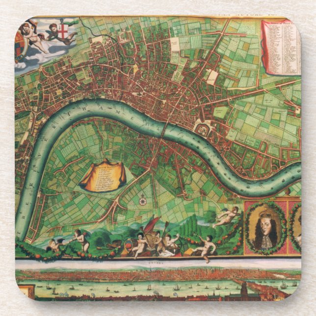 Porta-copo Mapa Antigo das Ruas de Londres por Johannes de Ra (Frente)
