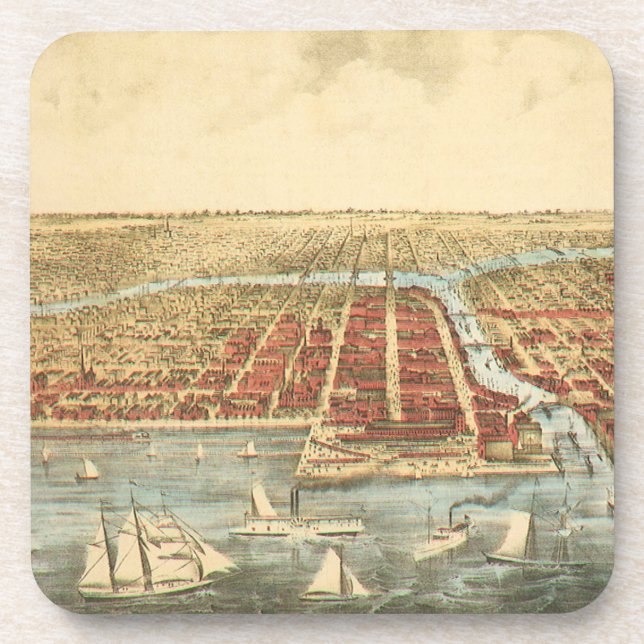 Porta-copo Mapa Antigo de Chicago, Rua LaSalle e Rio (Frente)