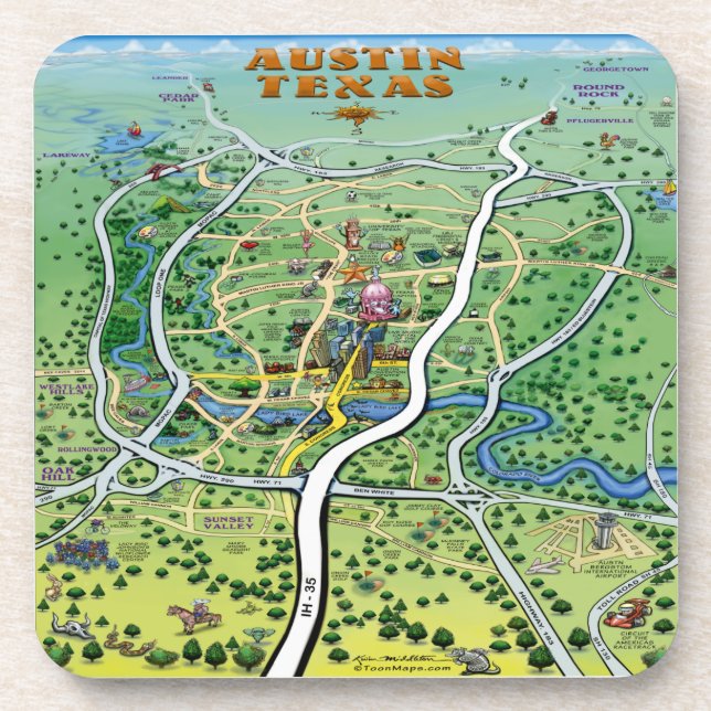 Porta-copo Mapa de Cartoons de Austin Texas (Frente)