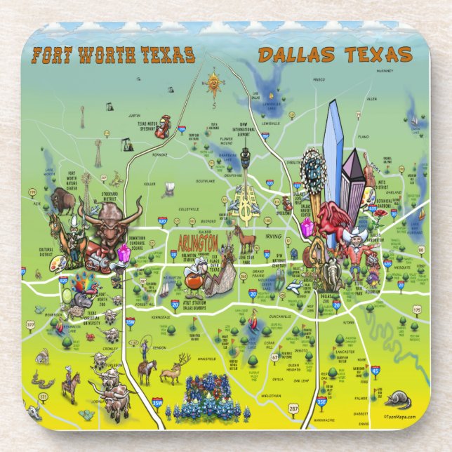 Porta-copo Mapa de Cartoons de Dallas Fort Worth (Frente)