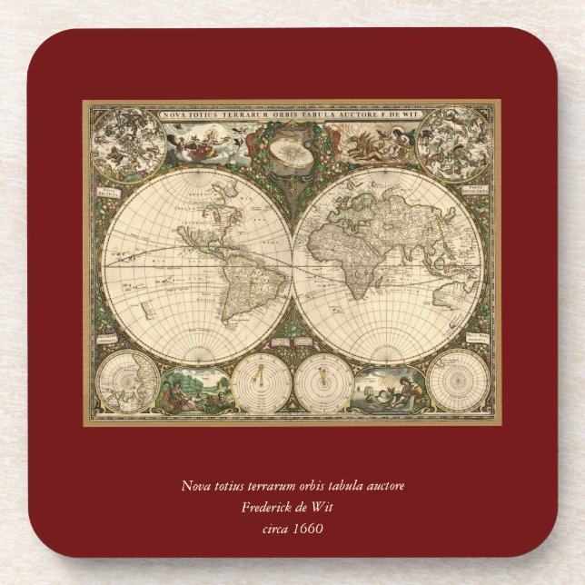 Porta-copo Mapa mundial antigo de Frederick de Wit em 1660 (Frente)