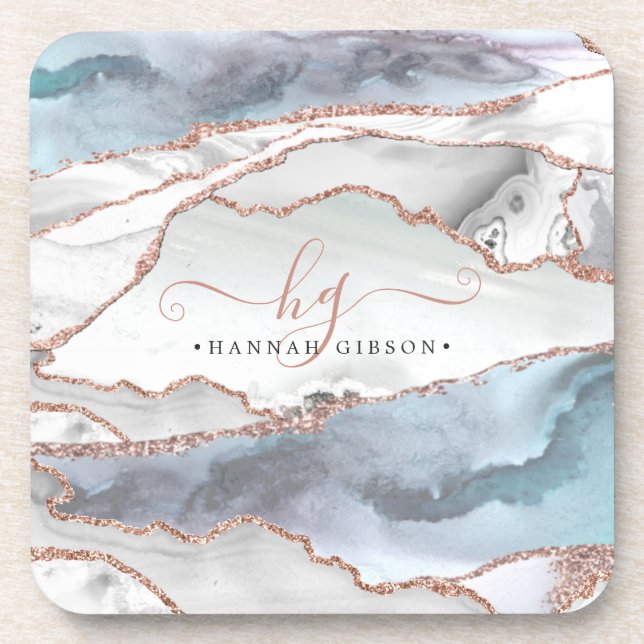 Porta-copo Marble Rose Gold Glitter Teal Script Monogram (Frente)