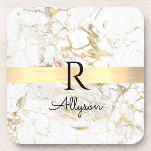 Porta-copo Mármore Branco & Dourado Barra Dourada, DIY Nome P