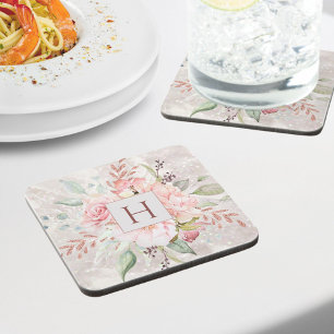 Porta-copo Mármore Floral Rosa Peônia Elegante Monograma