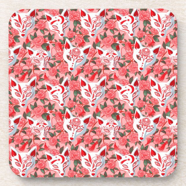 Porta-copo Máscaras de Kitsune e camélia rosa em flor (Frente)
