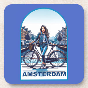 Porta-copo Menina de Amsterdã com bicicleta na ponte