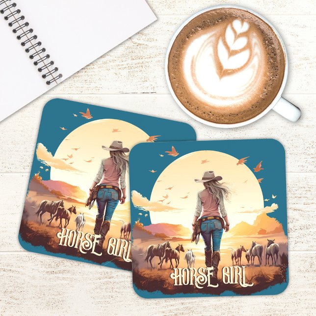 Porta-copo Menina do cavalo Cowgirl amante do cavalo deserto  (Horse girl, horse lover coasters with horses and desert sunset)