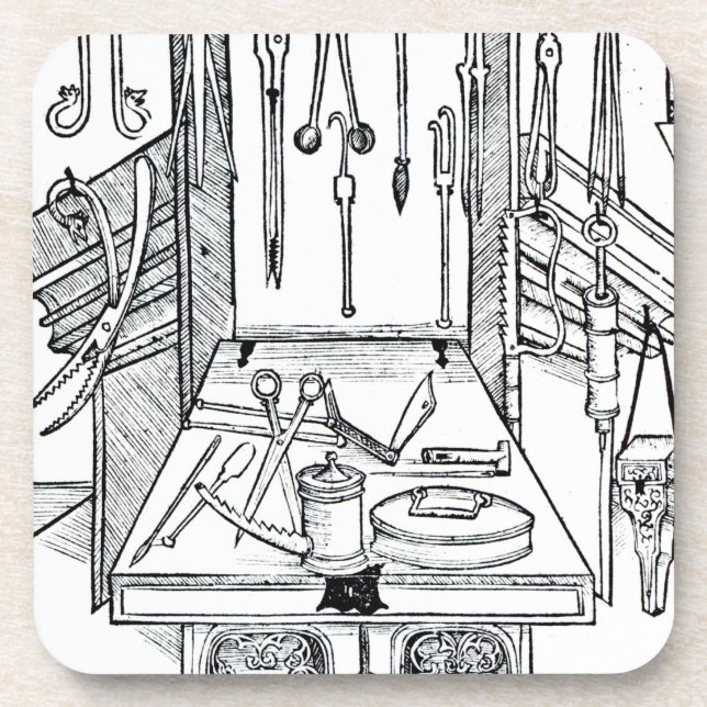 Porta-copo Mesa de funcionamento e instrumentos cirúrgicos, (Frente)