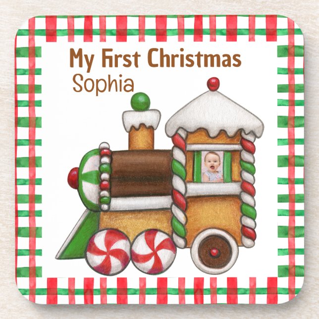Porta-copo Meu primeiro nome personalizado de Natal é um trem (Frente)