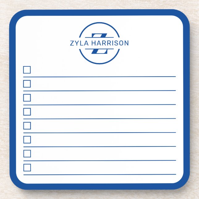 Porta-copo Modern Blue Monogram Name To Do List Whiteboard (Frente)