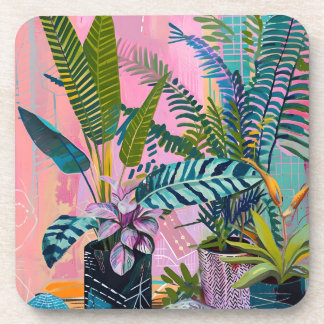 Porta-copo Modern Tropical Plant Print – Pink and Green