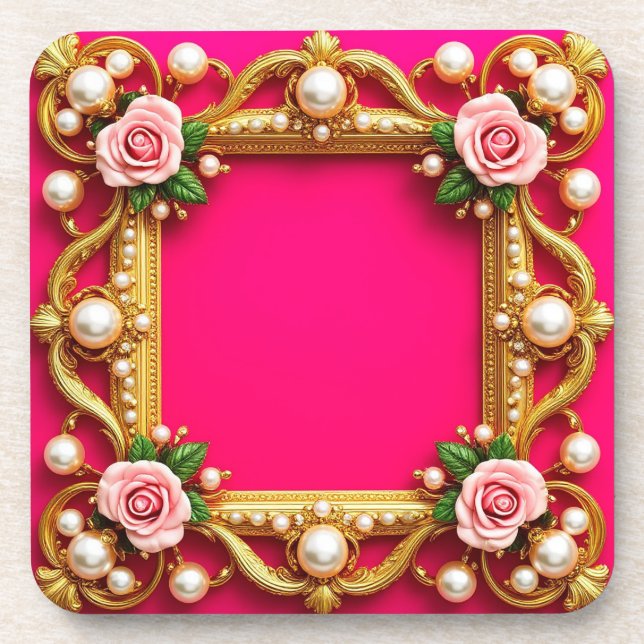 Porta-copo Moldura Dourada Com Rosas e Pérolas Elegantes (Frente)