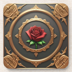Porta-copo Moldura Dourada Intrincada com Rosa Vermelha