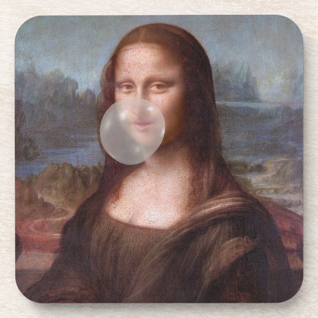 Porta-copo Mona Lisa a soprar o chiclete da cinza (Frente)