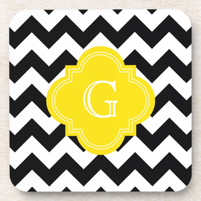 Porta-copo Monograma Amarelo Chevron Branco Negro Zig-Zag (Frente)