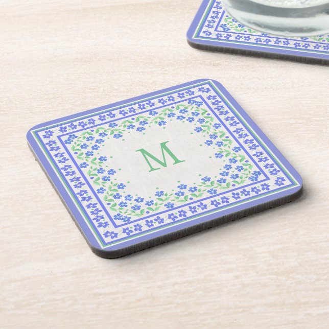 Porta-copo Monograma Blue Periwinkles Borda Floral Faux Linen (Left Side)