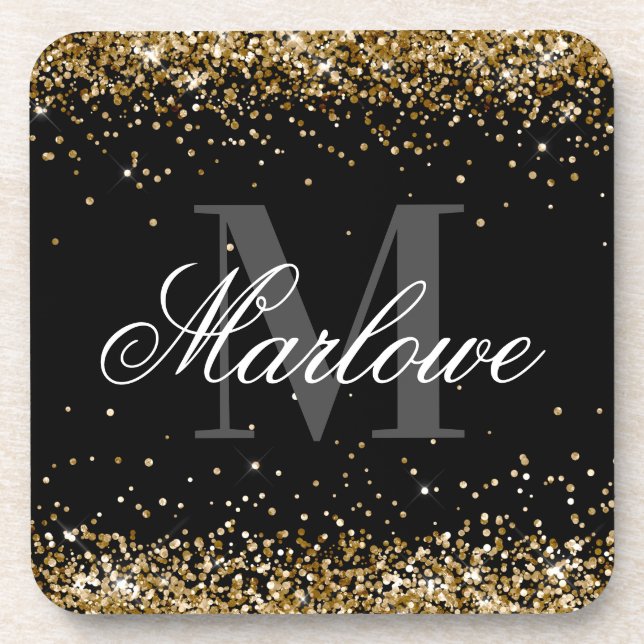 Porta-copo Monograma branco preto brilhante Dourado Elegante (Frente)