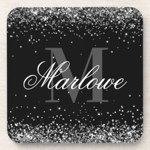 Porta-copo Monograma branco preto brilhante prateado elegante