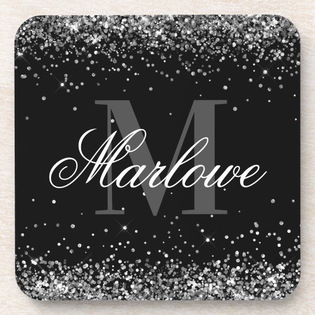 Porta-copo Monograma branco preto brilhante prateado elegante (Frente)