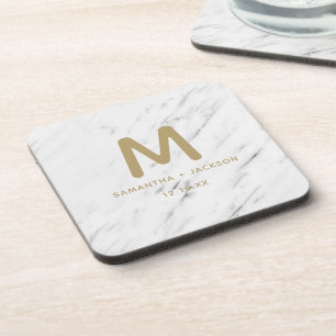 Porta-copo Monograma de casamento elegante em mármore branco