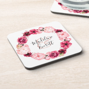 Porta-copo Monograma de casamento floral Burgundy e rosa bege