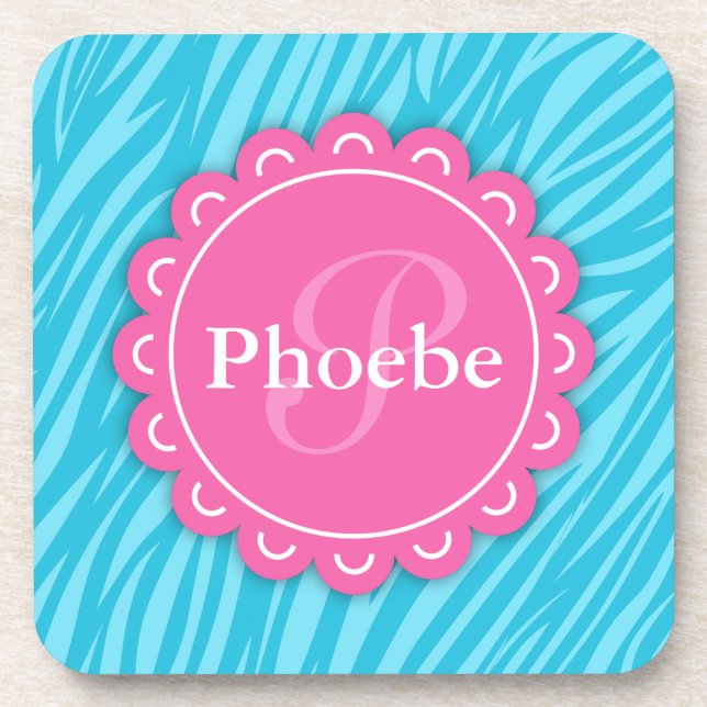 Porta-copo Monograma de Flor Moderno Rosa Aqua Blue Zebra Imp (Frente)