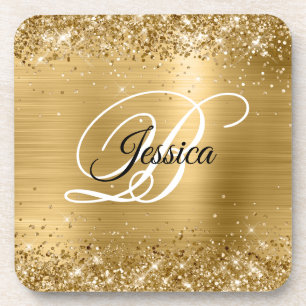 Porta-copo Monograma de Glitter Dourado Falso Brilhante em Fo