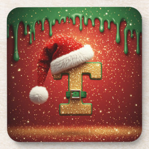 Porta-copo Monograma de Natal Personalizado T com Chapéu de P