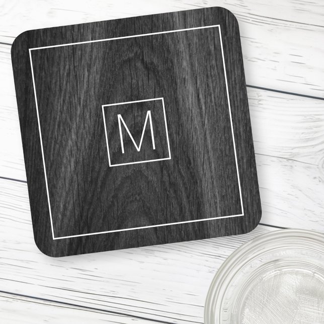 Porta-copo Monograma elegante e moderno de grãos de madeira p (Modern elegant monogram initial black wood grain beverage coaster)