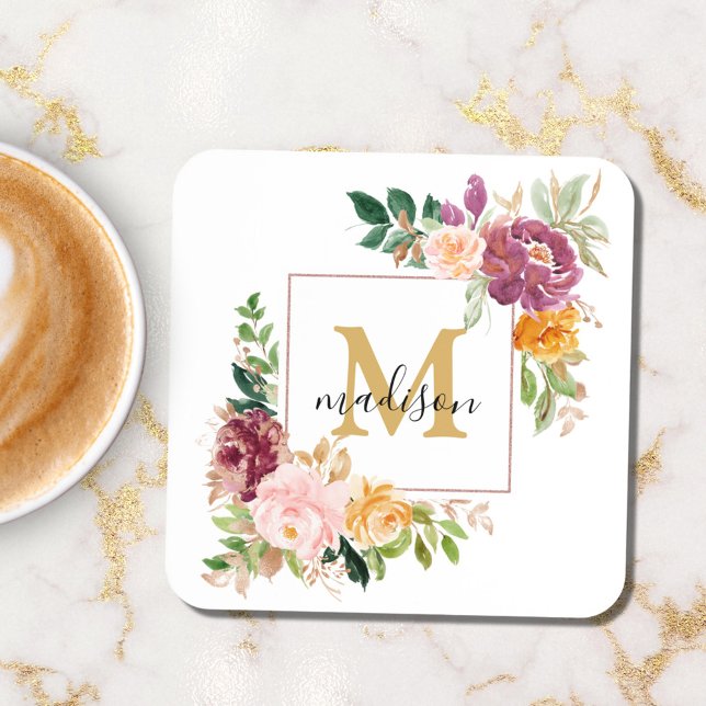 Porta-copo Monograma Elegante Rosa de Aquarela Botânica (In situ)