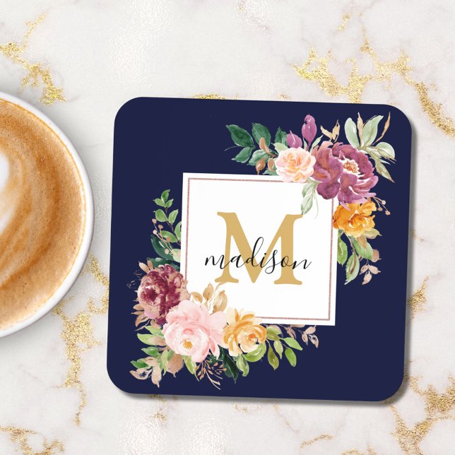 Porta-copo Monograma Elegante Rosa de Aquarela Botânica (In situ)