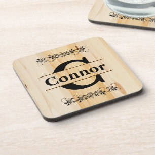 Porta-copo Monograma Faux Butcher Block Natural Wood Look