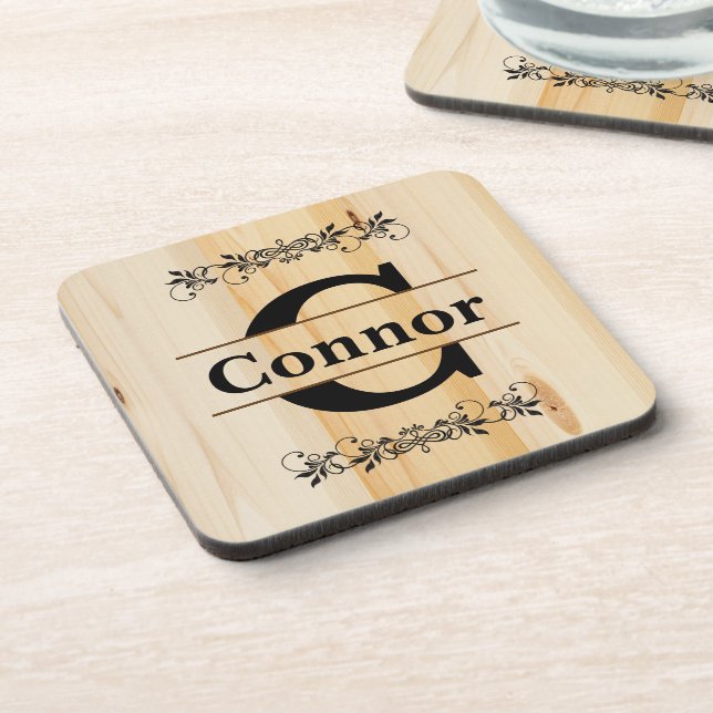 Porta-copo Monograma Faux Butcher Block Natural Wood Look (Left Side)