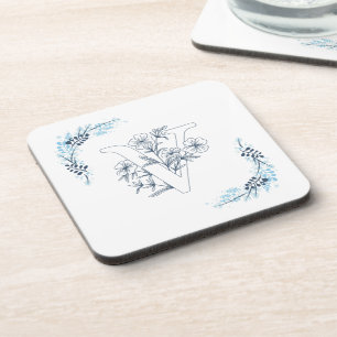 Porta-copo Monograma Floral Azul "V" Inicial Calmo