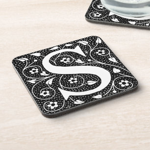 Porta-copo Monograma Floral Vintage S Preto e Branco