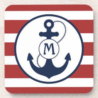 Porta-copo Monograma náutico vermelho e azul da âncora