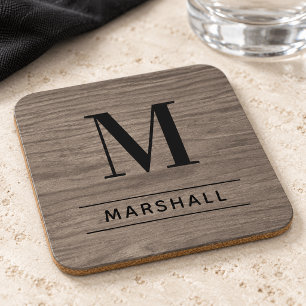 Porta-copo Monograma Personalizado de Madeira Marrom Cinza ru