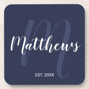 Porta-copo Monograma Personalizado e Nome da Família Azul Mar