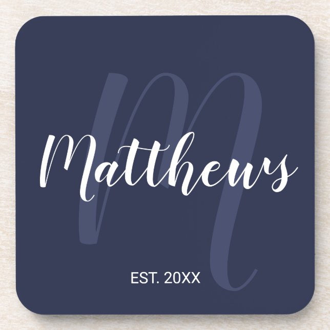 Porta-copo Monograma Personalizado e Nome da Família Azul Mar (Frente)