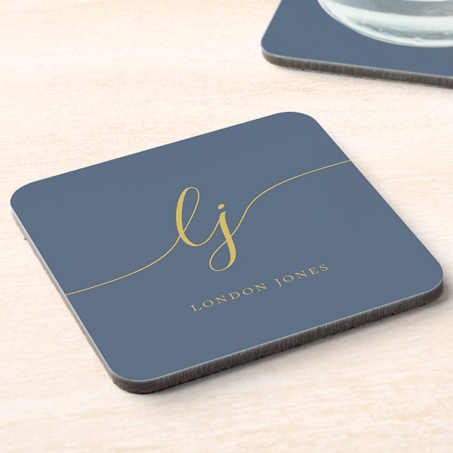 Porta-copo Monograma Simples Caligrafia Elegante Marinho Azul (Criador carregado)