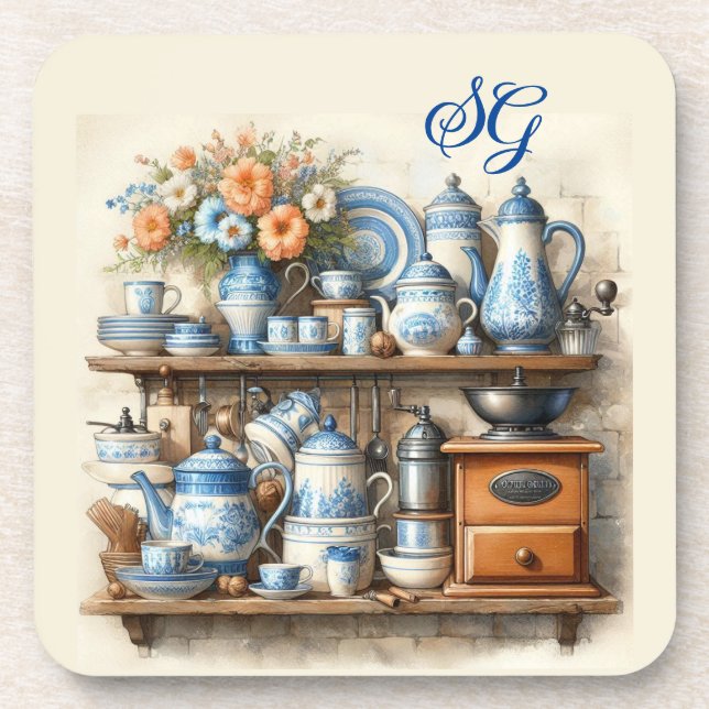 Porta-copo Monograma Vintage Blue Kitchen (Frente)