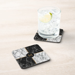 Porta-copo Monogramo Beefebida Coaster White Check Marble Pre
