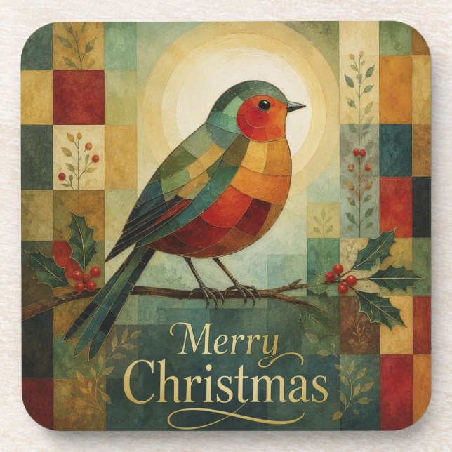 Porta-copo Mosaico de Natal Robin Pássaro Azevinho Fruta (Frente)