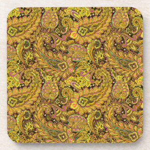 Porta-copo Motivo Paisley em Amarelo, Marrom sobre Fundo Pret