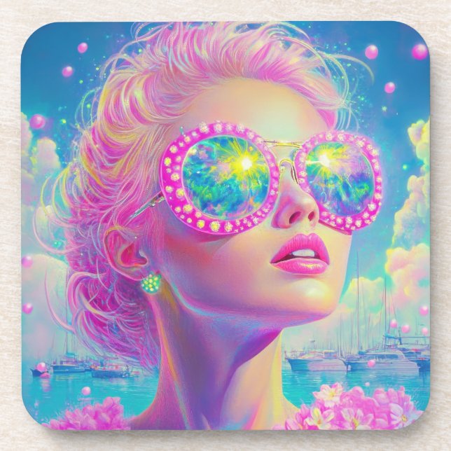 Porta-copo Mulher Neon Glamorosa com Óculos Espumantes (Frente)