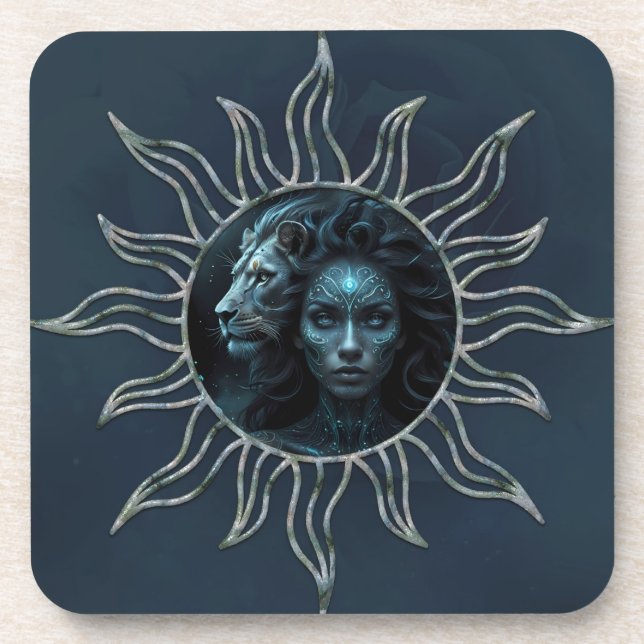 Porta-copo Mystical connection,  mystical woman and the lion. (Frente)