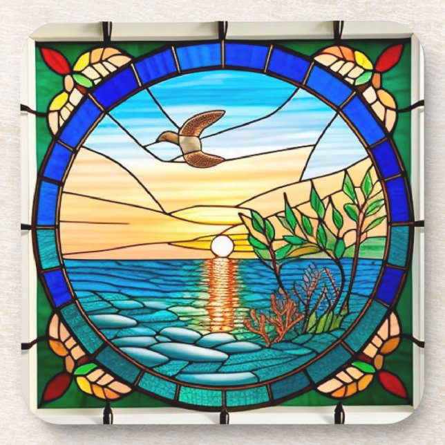 Porta-copo Nascer do Sol Sobre o Oceano com Pássaro Voador (Frente)