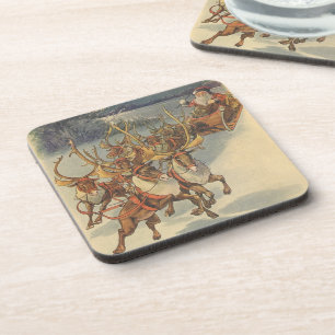 Porta-copo Natais vintages Santa Claus Sleigh com Reindeer